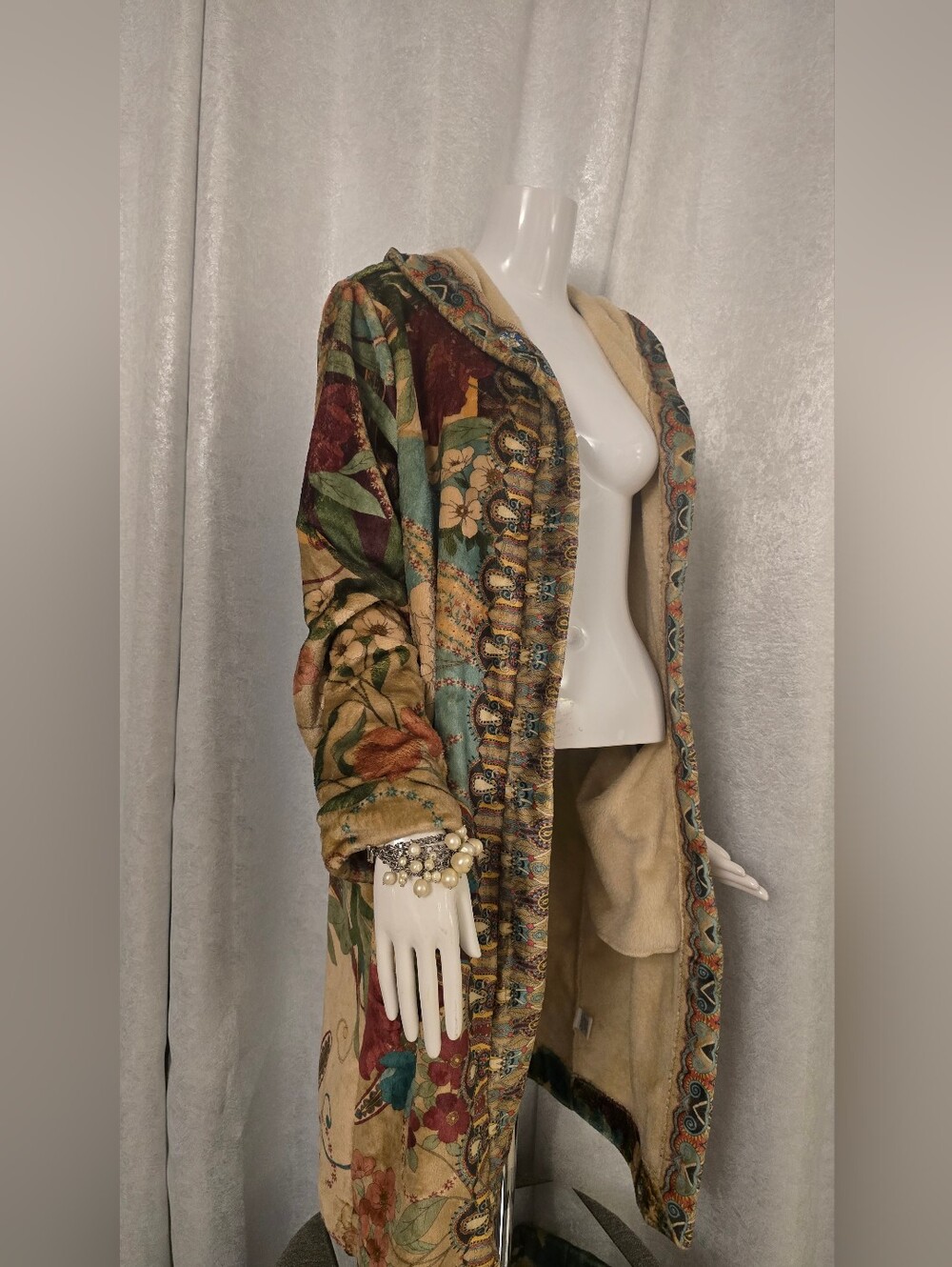 Johnny Was Multicolor Floral Patchwork Hooded Trench Coat Large Bohemian Cozy - Picture 2 of 9